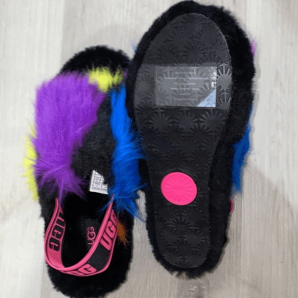 UGG Women's Black Slide Slippers with Hot Pink, Blue, Purple & Yellow Faux Fur - Picture 4 of 7